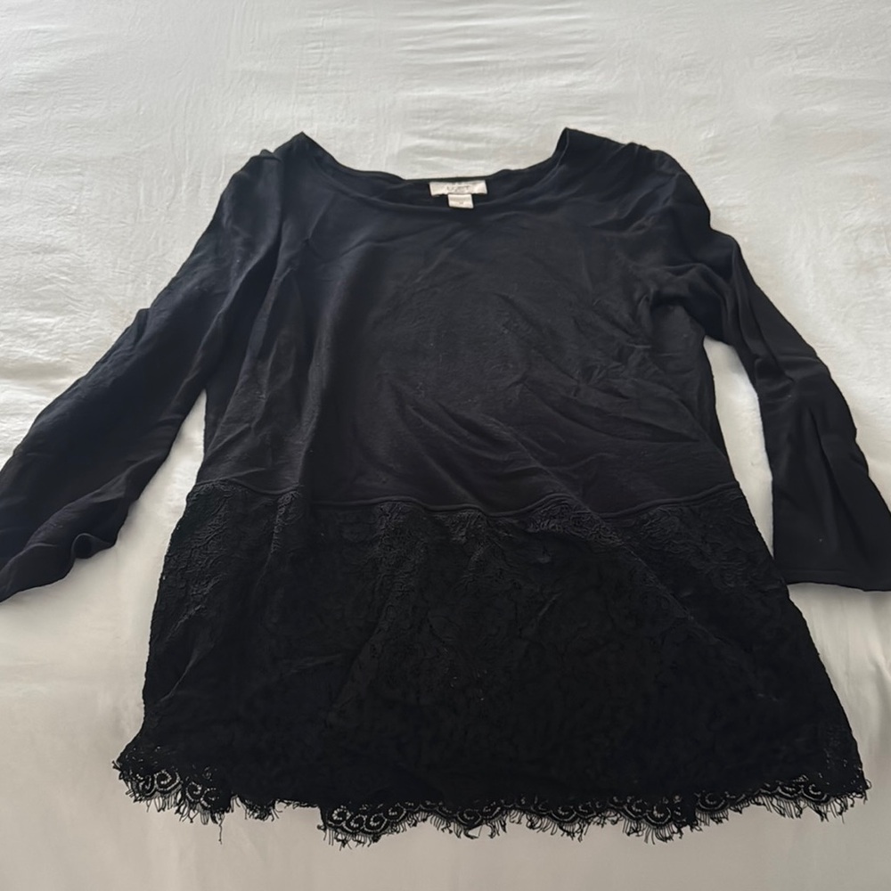 LOFT Black 3/4 Sleeve Blouse with Lace Trim